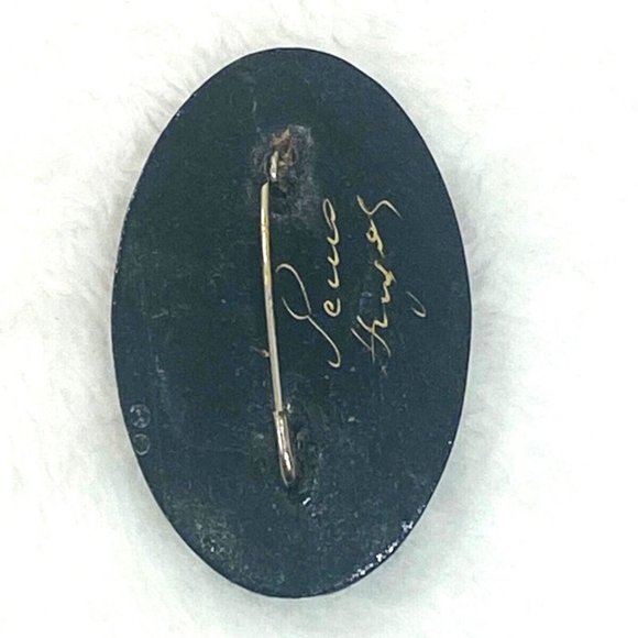 Vintage Russian Hand Painted Brooch Black Lacquer Wood Enamel Floral Oval Signed - Picture 3 of 5